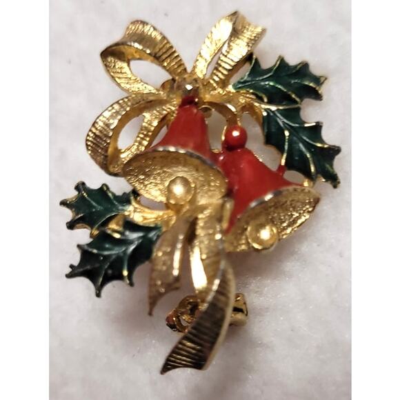 Enamel Christmas Bells Holly Vtg Brooch Lot 1 Signed Roma Xmas Holiday Goldtone - Picture 5 of 6